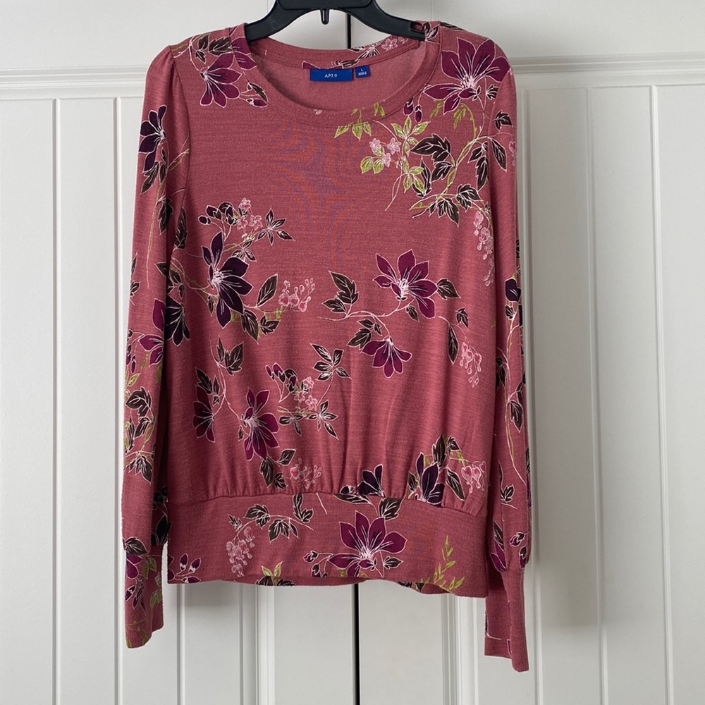 Apt.9 Lightweight Long Sleeve Pullover Top Mauve with Floral Design Sz L
